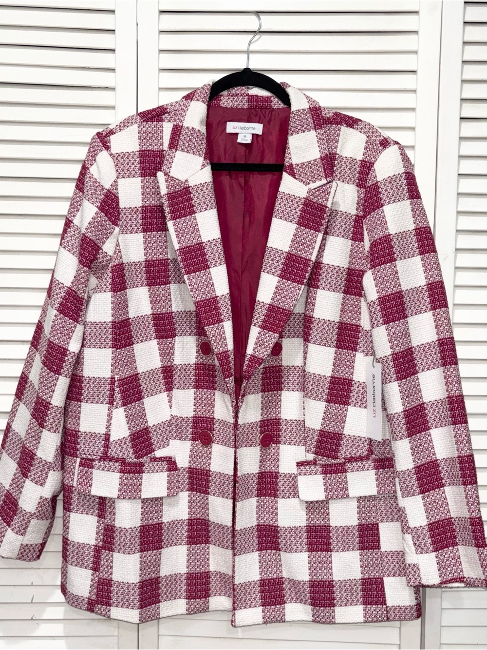 Liz Claiborne Cherry Check Plaid Double-Breasted Blazer NWT